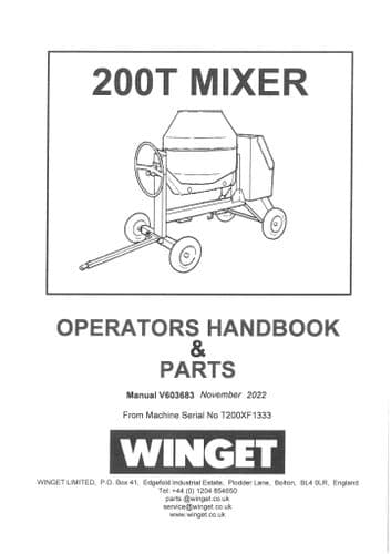 Winget Concrete Mixer 200T Operators Manual and  Parts list