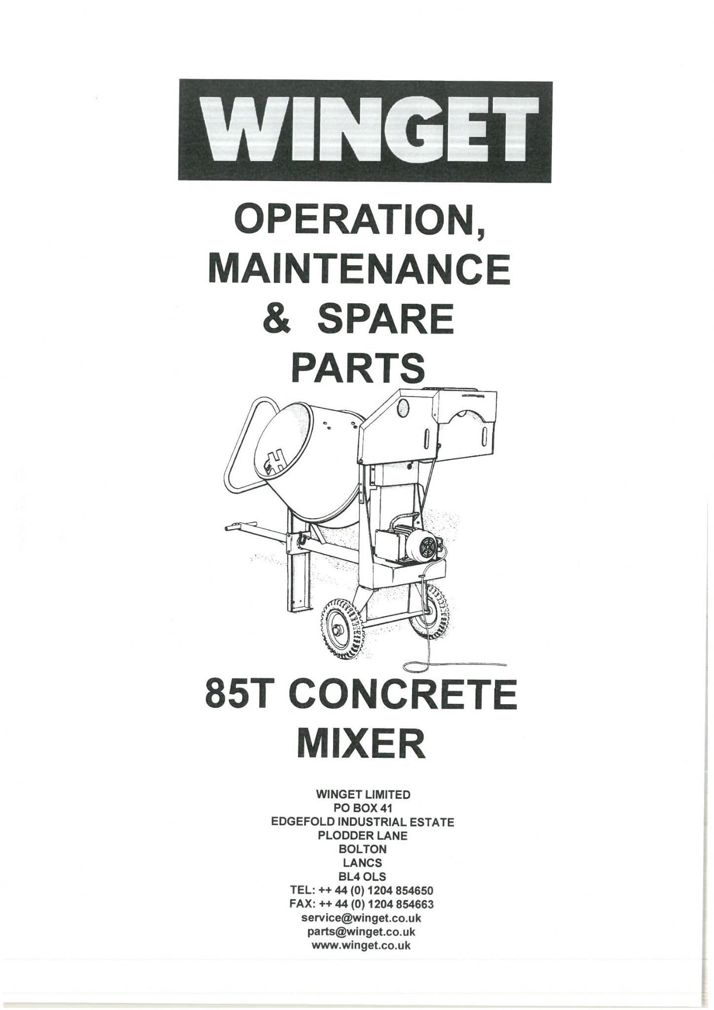 Winget Concrete Mixer 85T Operators Manual and Spare Parts List