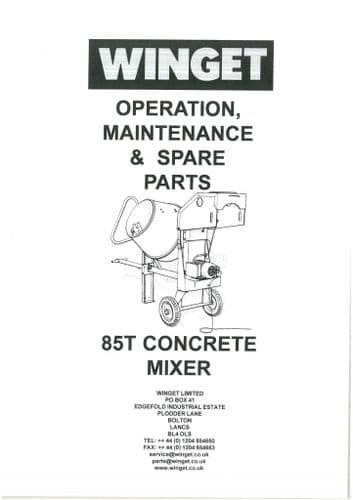 Winget Concrete Mixer 85T Operators Manual and Spare Parts List