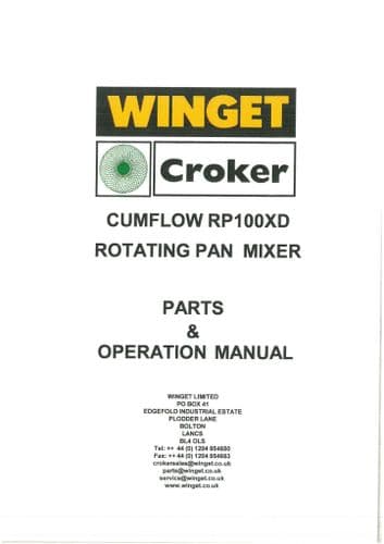 Winget Crocker Rotating Pan Mixer Cumflow RP100XD Operators Manual and Spare Parts List