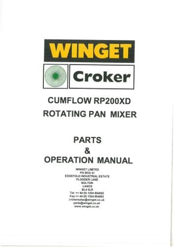 Winget Crocker Rotating Pan Mixer Cumflow RP200XD Operators Manual and Spare Parts List