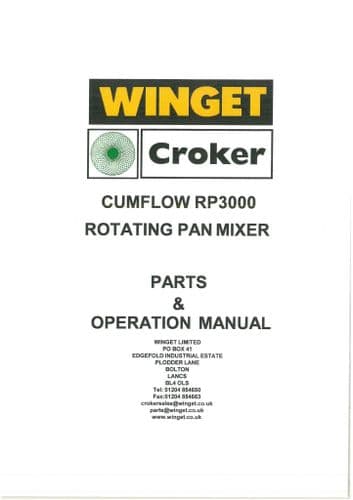 Winget Crocker Rotating Pan Mixer Cumflow RP3000 Operators Manual and Spare Parts List