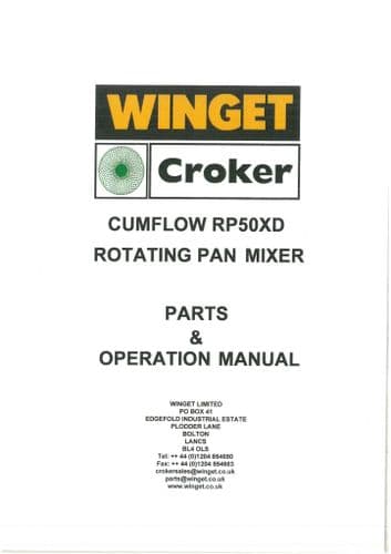 Winget Crocker Rotating Pan Mixer Cumflow RP50XD Operators Manual and Spare Parts List