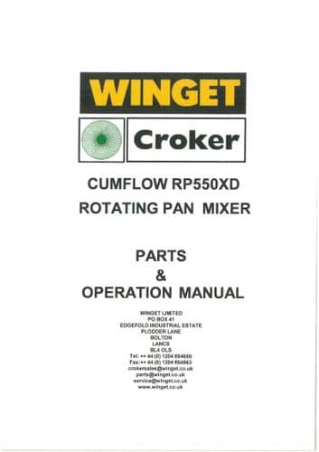 Winget Crocker Rotating Pan Mixer Cumflow RP550XD Operators Manual and Spare Parts List