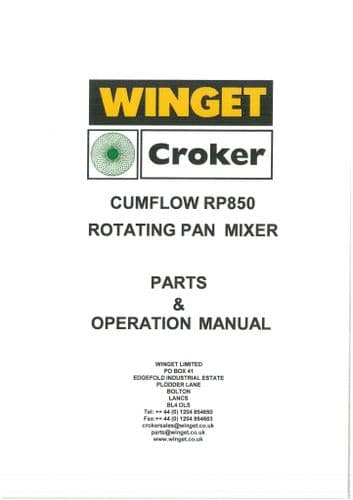 Winget Crocker Rotating Pan Mixer Cumflow RP850 Operators Manual and Spare Parts List