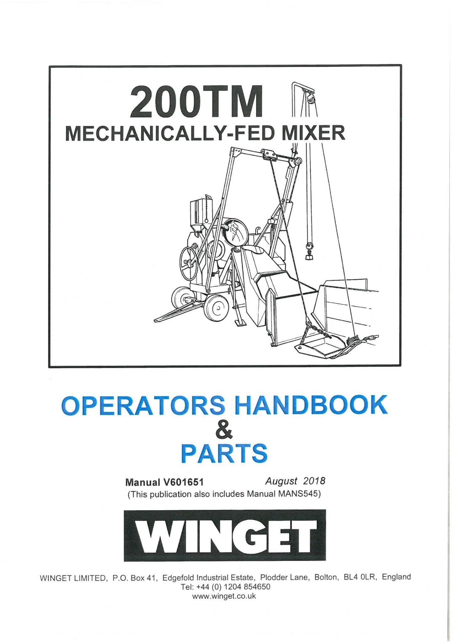 Winget Mechanically Fed Concrete Mixer 200TM Operators Manual and Spare
