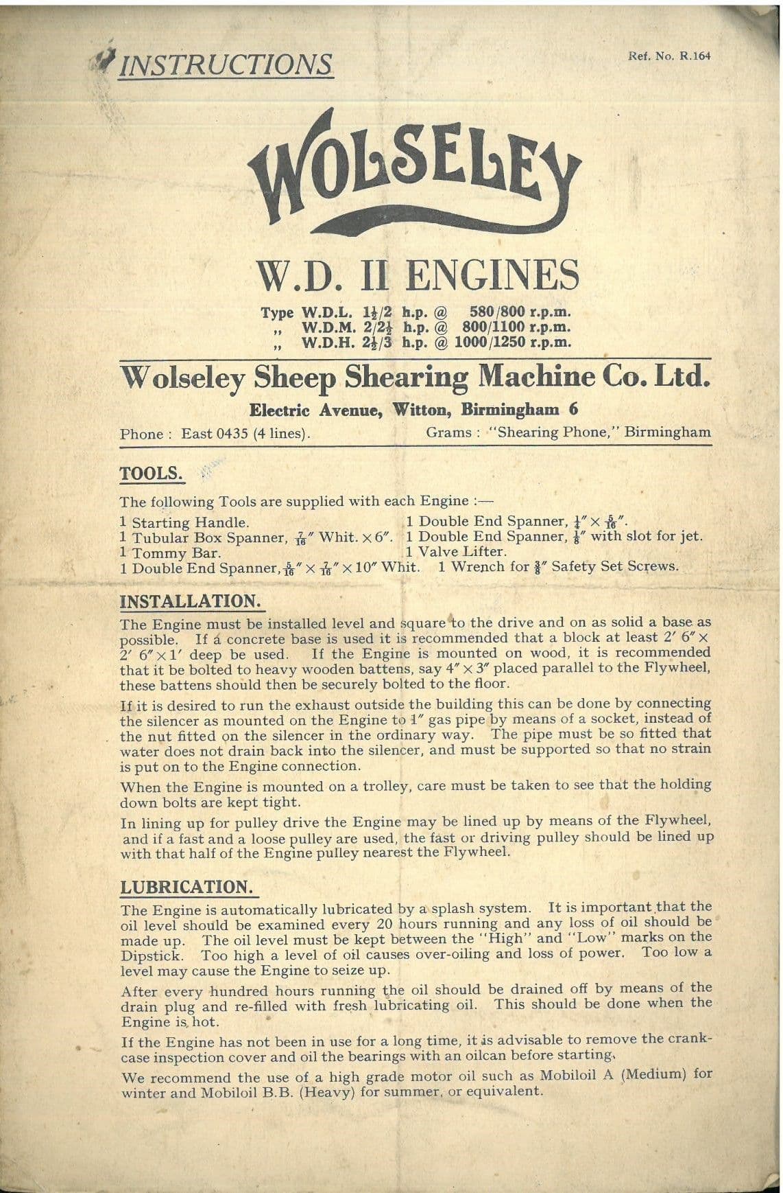 Wolseley Engine WD II Type WDL WDM WDH Operators Manual