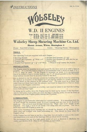 Wolseley Engine WD II Type WDL WDM WDH Operators Manual