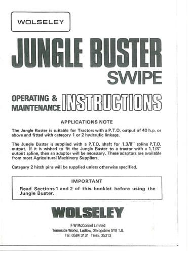 Wolseley Pasture Topper Jungle Buster Swipe Operators Manual