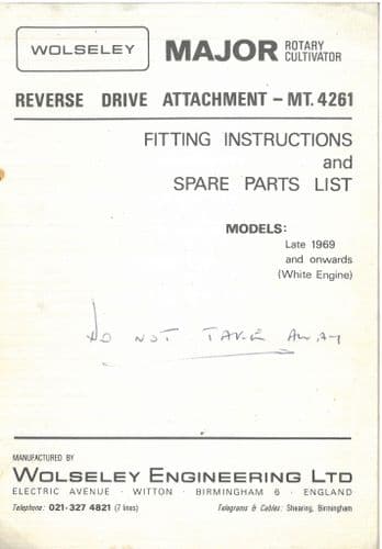 Wolseley Rotary Cultivator Major  Reverse Drive Attachment Operators Manual and Parts List
