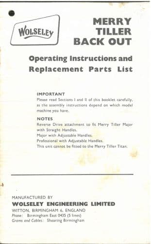 Wolseley Rotary Cultivator Merry Tiller Back Out Operators Manual and Spare Parts Lit