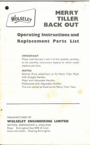 Wolseley Rotary Cultivator Merry Tiller Back Out Operators Manual and Spare Parts Lit