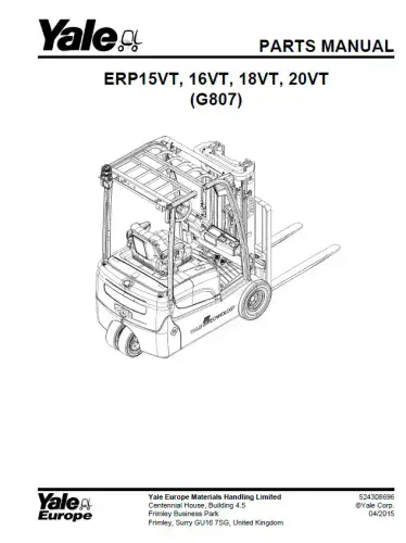 Yale Forklift ERP 15VT, 16VT, 18VT, 20VT Parts Manual