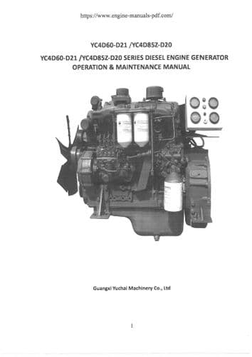 Yuchai Diesel Engine Generator YC4D60-D21 & YC4D85Z-D20 Operators Manual