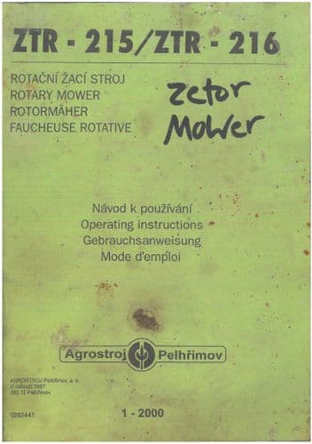 Zetor Rotary Mower ZTR215 & ZTR216 Operators Manual