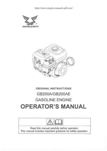 Zongshen Gasoline Engine GB200A BG200AE Operators Manual