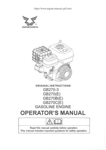 Zongshen Gasoline Engine GB270-3 GB270(E) GB270B(E) GB270C(E) Operators Manual