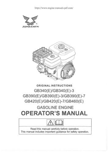 Zongshen Gasoline Engine GB340(E) GB340(E)-3 GB390(E) GB390(E)-3 GB390(E)-7 Operators Manual