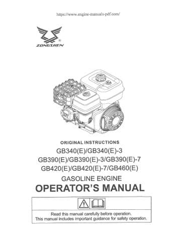 Zongshen Gasoline Engine GB390(E)-7 GB420(E) GB420(E)-7 GB460(E) Operators Manual
