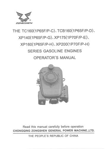 Zongshen Gasoline Engine TC160 TCB160 XP140 XP175 XP160 XP200 Operators Manual