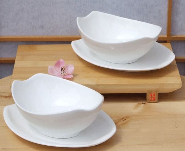 Bowl & Plate set for 2 white contemporary oval
