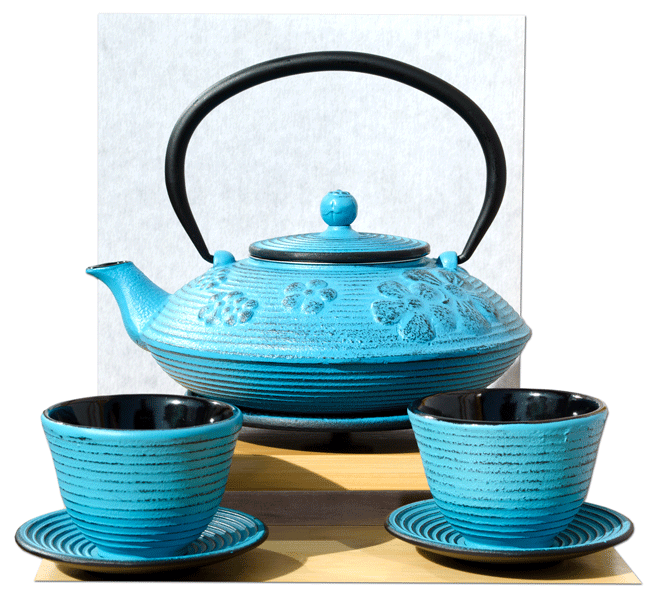 Cast Iron Light Blue Flower Teapot trivet Zen Ripple cups Tetsubin
