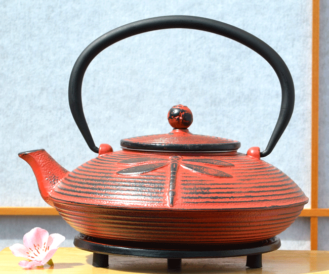 Cast Iron Sunset Red Dragonfly Tea set Bamboo saucers Tetsubin teapot