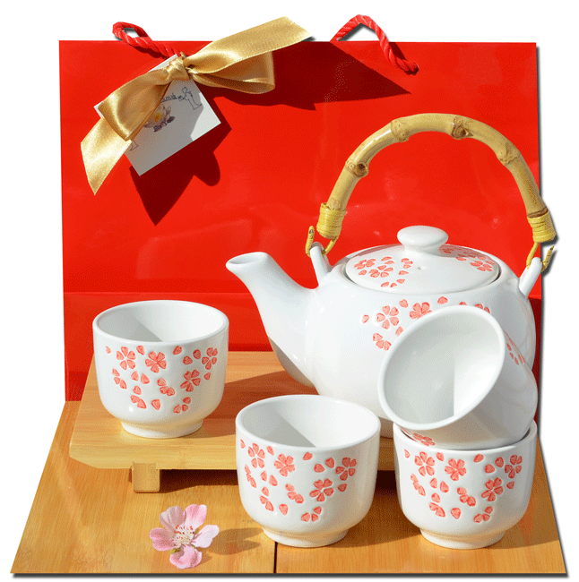 Gift Bag Tea set red cherry blossom on white gloss x4 cups Japanese style