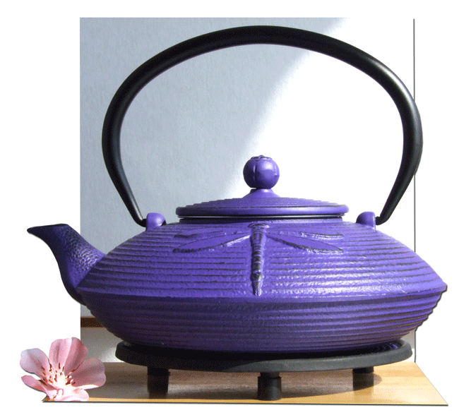 Gift Set Zen cups Trivet & Cast Iron Purple Dragonfly Tetsubin teapot