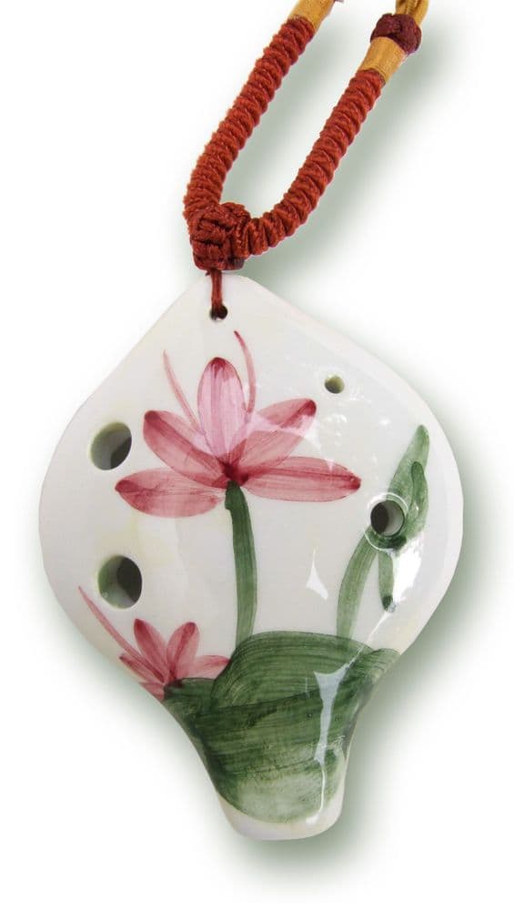Ocarina White ceramic Ocarina with Lotus blossom and necklace braid