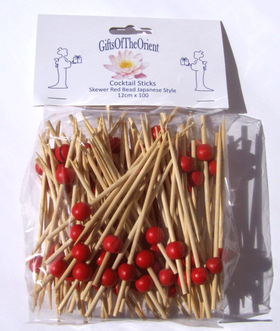 Set of Bamboo Wood Boats Midi Black & Red Bead Cocktail Sticks for