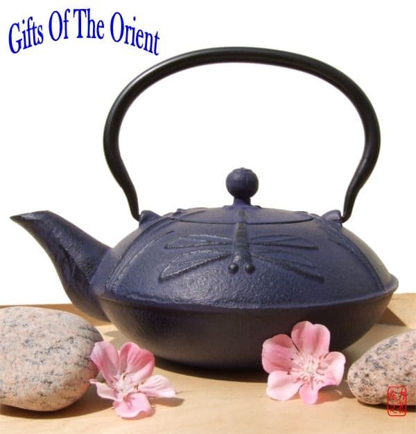 Tetsubin style Cast Iron Teapot Kettle with deep blue Dragonfly design