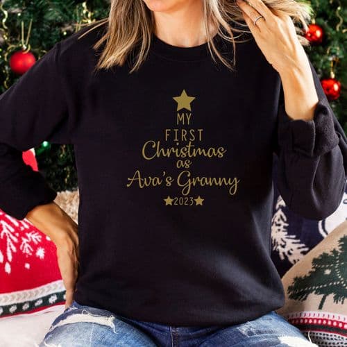 My First Christmas as Grandma Personalised Jumper Sweatshirt Sweater Gift Nana Granny Black Gold