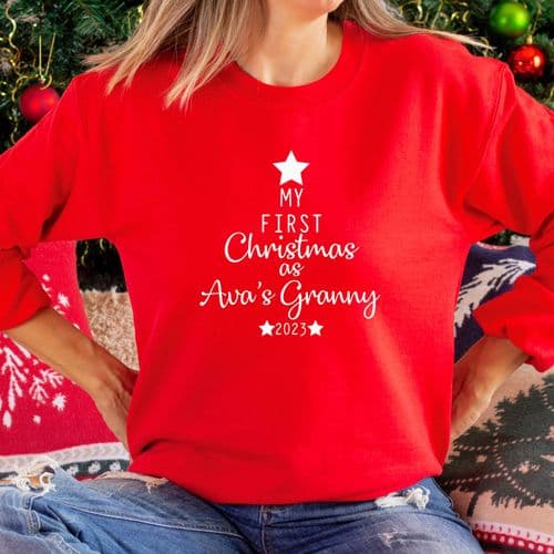 My First Christmas as Grandma Personalised Jumper Sweatshirt Sweater Gift Nana Granny Red with White