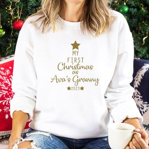 My First Christmas as Grandma Personalised Jumper Sweatshirt Sweater Gift Nana Granny White Gold