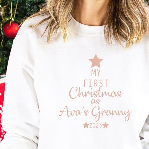My First Christmas as Grandma Personalised Jumper Sweatshirt Sweater Gift Nana Granny White Rose Gd