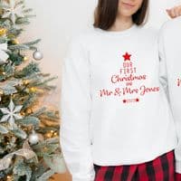 Our First Christmas as Mr & Mrs Jumper Sweatshirt Sweater Gift Engagement Personalised White  Red