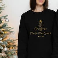 Our First Christmas as Mr & Mrs Jumper Sweatshirt Sweater Gift Engagement Personalised Black Gold