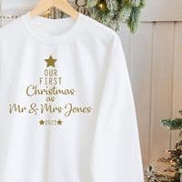 Our First Christmas as Mr & Mrs Jumper Sweatshirt Sweater Gift Engagement Personalised White  Gold