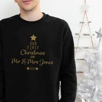 Our First Christmas as Mr & Mrs Jumper Sweatshirt Sweater Gift Engagement Personalised Black Gold