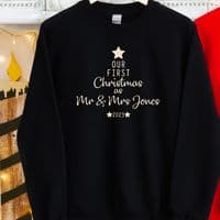 Our First Christmas as Mr & Mrs Jumper Sweatshirt Sweater Gift Engagement Personalised Black  Red