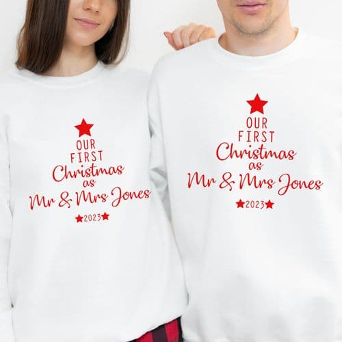 Our First Christmas as Mr & Mrs Jumper Sweatshirt Sweater Gift Engagement Personalised White  Red