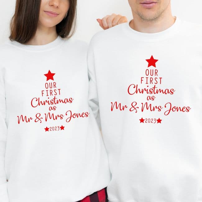Our First Christmas as Mr & Mrs Jumper Sweatshirt Sweater Gift Engagement Personalised White  Red
