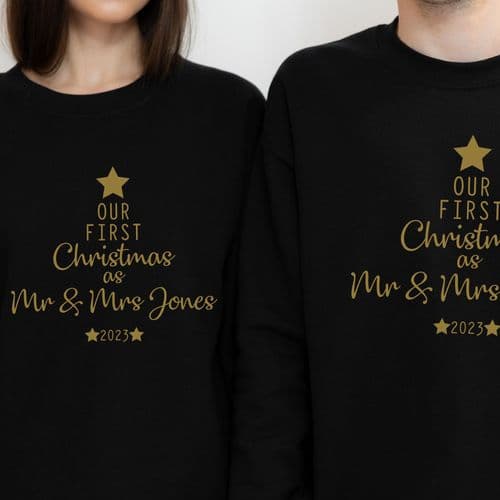 Our First Christmas as Mr & Mrs Jumper Sweatshirt Sweater Gift Engagement Personalised Black Gold