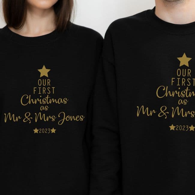 Our First Christmas as Mr & Mrs Jumper Sweatshirt Sweater Gift Engagement Personalised Black Gold