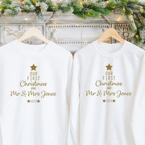 Our First Christmas as Mr & Mrs Jumper Sweatshirt Sweater Gift Engagement Personalised White  Gold