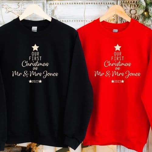 Our First Christmas as Mr & Mrs Jumper Sweatshirt Sweater Gift Engagement Personalised Black  Red
