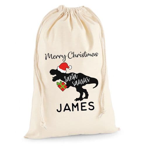 Personalised Christmas Sack Santa Stocking Dinosaur T Rex Present Bag Xmas Boys Gift