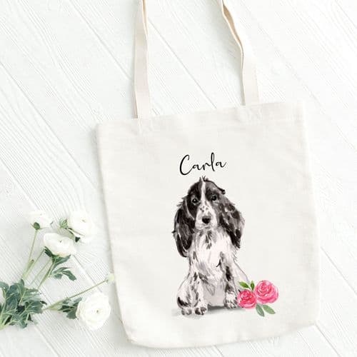 Personalised Cocker Spaniel BW Tote Bag, Dog Gift For Her, Name Tote Bag, Dog Gifts, Dog Tote Bag
