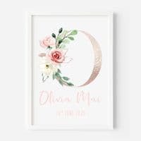 Personalised Floral initial Rose Gold Print, Nursery Decor, New Baby Gift, Nursery Print